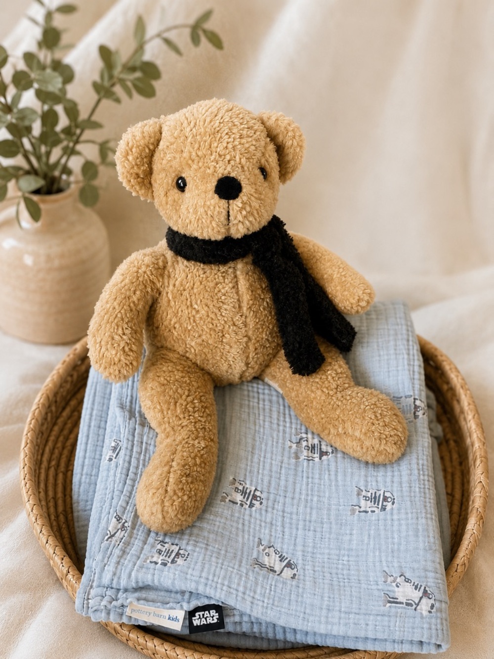 Pottery barn kids teddy and Star Wars R2D2 Muslin swaddle blanket organic cotton